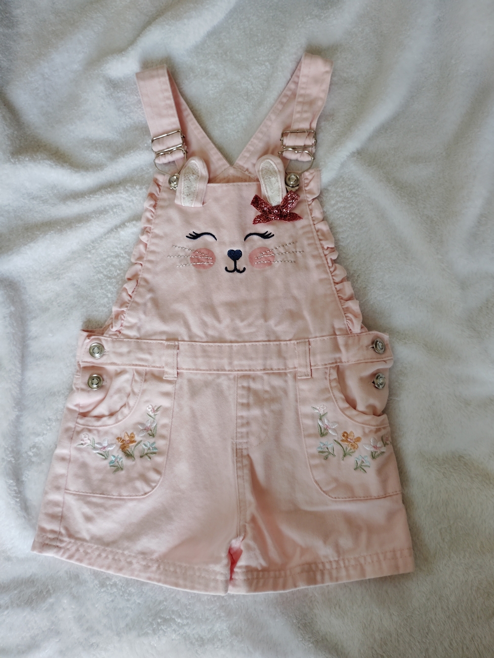 Pink Bunny Denim Jumper 5T Overalls Dress Ruffle Toddler Baby